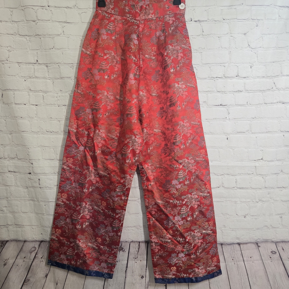 Vtg 40s? Traditional Chinese Brocade Wide Leg Silk Satin Pants Temple Lanscape